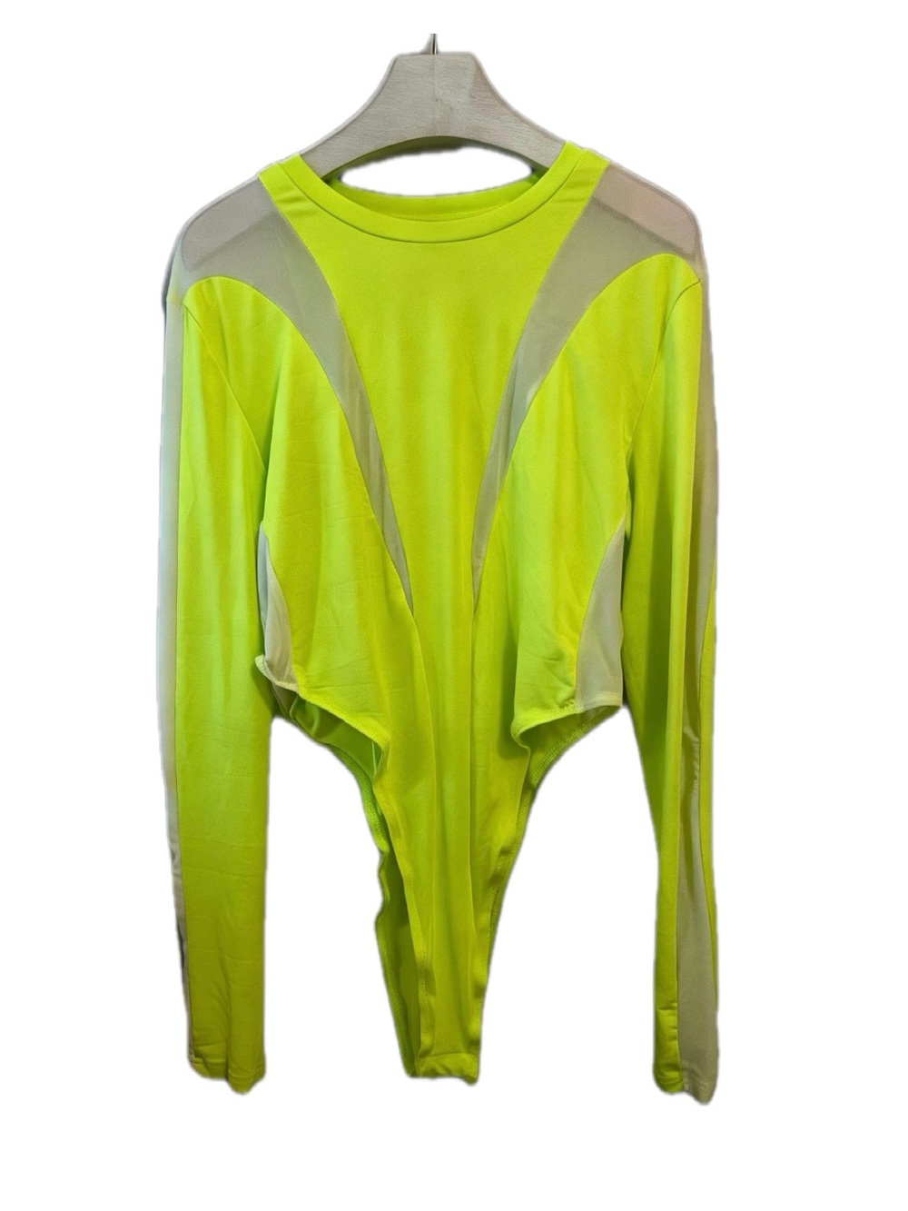 Shein Bodysuit Yellow Large Mesh Sheer Cutouts Rave Club Stretch